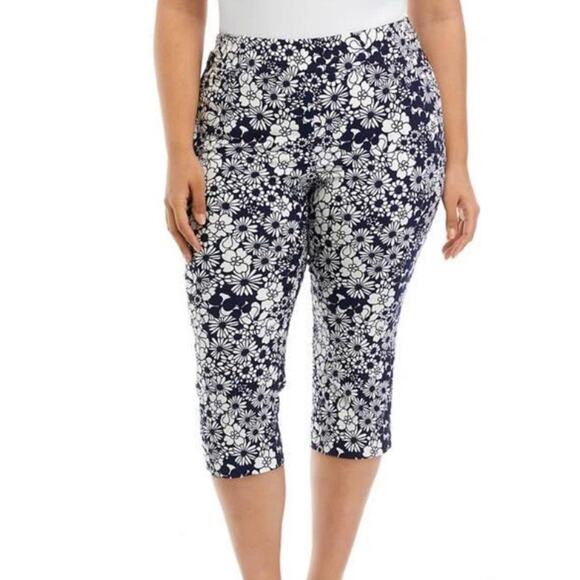 Kim Rogers Blue Floral Cropped Tummy Control Capri Pants Women's Size 14 EUC - Picture 1 of 8